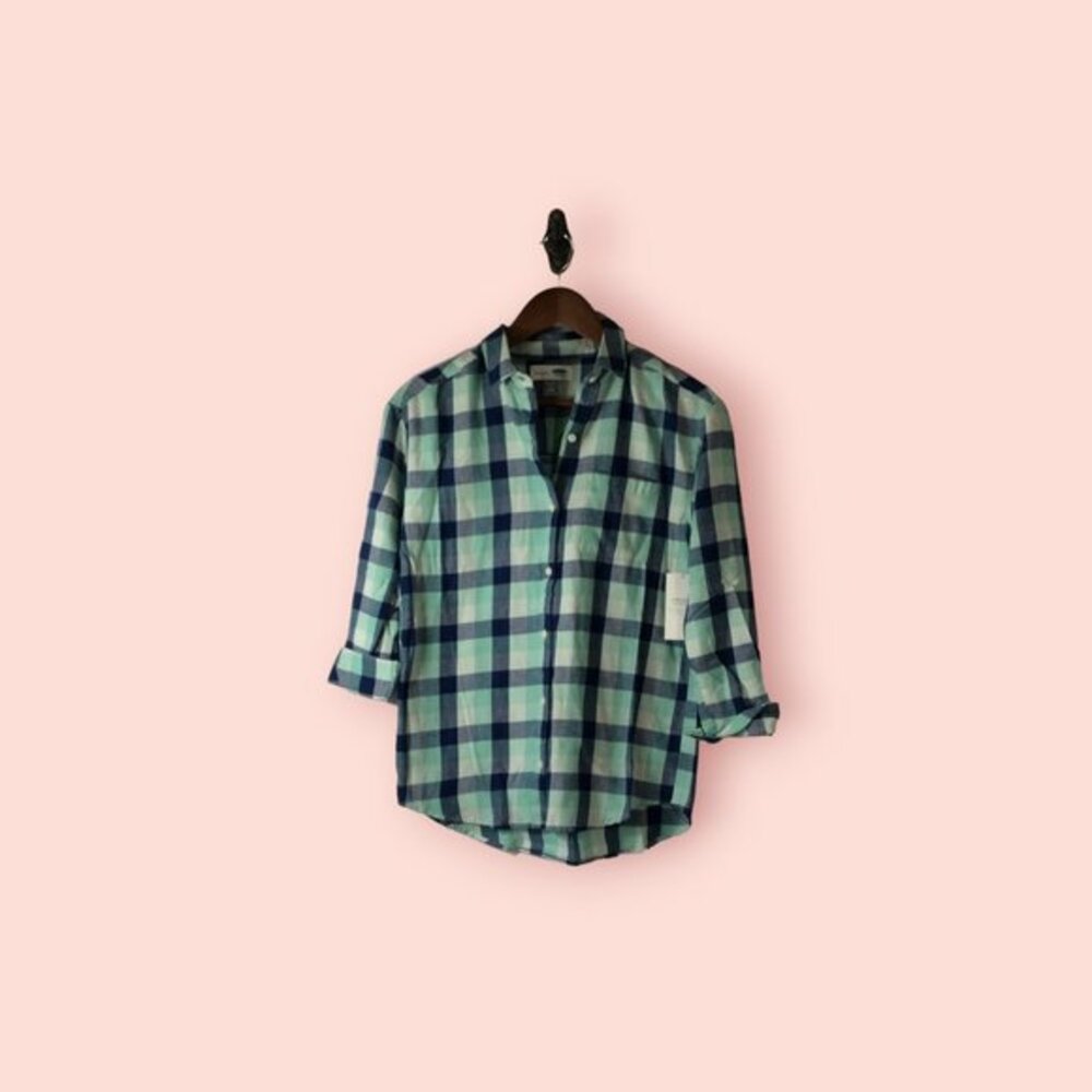 Old Navy Girls Boyfriend Fannel Shirt Blouse Top Plaid Blue/Green Size XL